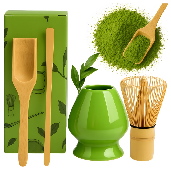 Set 4 de ceai Matcha, Ceramica, Bat Bambus pentru Mixat, Suport Ceramic si Lingurita, Verde