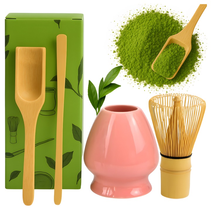Matcha teaszett, 4 darabos, kerámia, bambusz habverő, kerámia tartó és kanál, rózsaszín