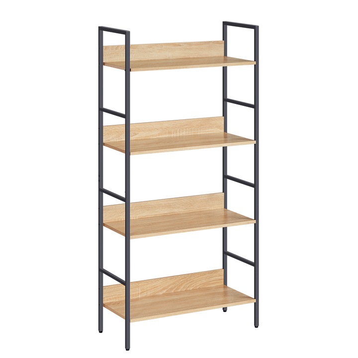 Raft pentru carti, LEOBERT, 4 polite, maro/negru, 60x28x124cm, set de montaj inclus