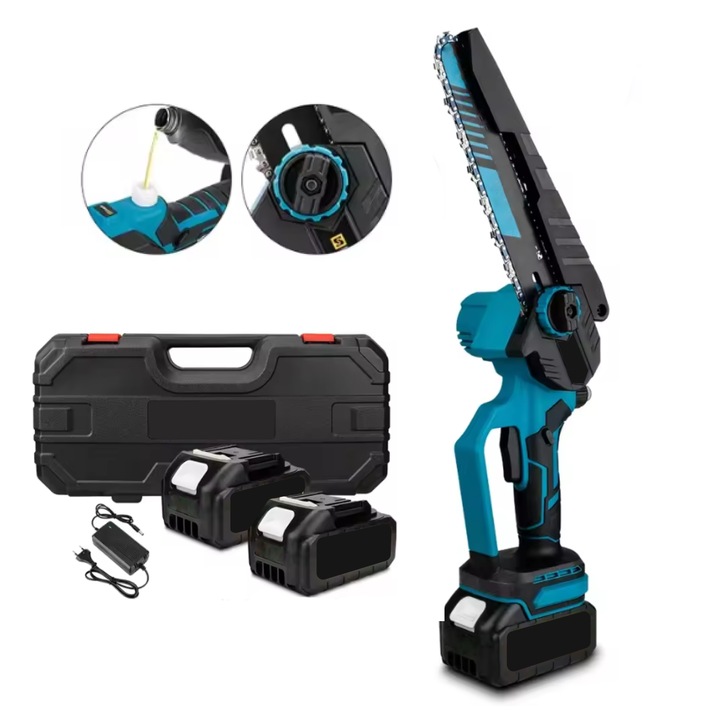 Мини електрически трион-мини резачка, с верига, 2 батерии 48V, дължина на острието 6 инча, резервоар за масло за смазване, черно-синьо, куфар, HAPPY JOKER®