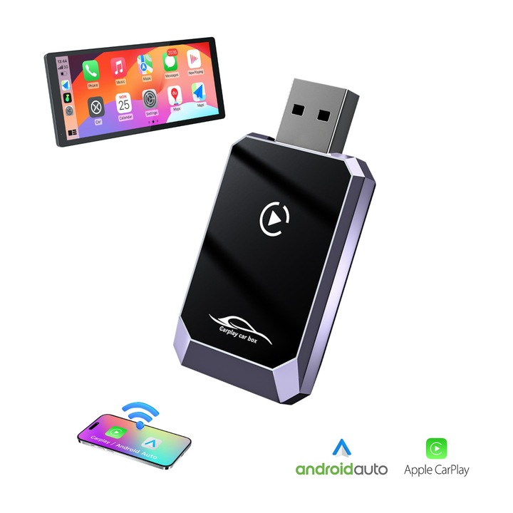 Адаптер за кола безжичен 2в1 BIZAIMO®, Carplay & Android Auto, Bluetooth 5.3, двуядрен, WIFI 2.4 Ghz & 5 Ghz, Plug & Play, автоматично пресвързване, алуминий + стъкло 6H, Gun Metal, черно-сив