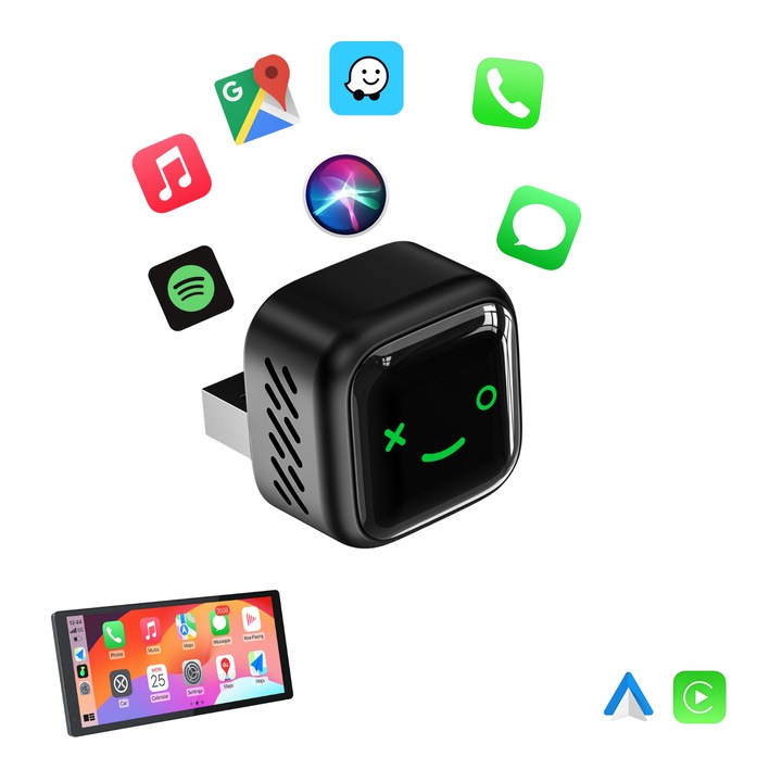 Адаптер за кола безжичен 2в1 BIZAIMO®, Carplay & Android Auto, Bluetooth 5.3, двуядрен, WIFI 2.4 Ghz & 5 Ghz, Plug & Play, автоматично прекъсване, алуминий + стъкло 6H, усмихнато лице, USB-A, универсален, черен