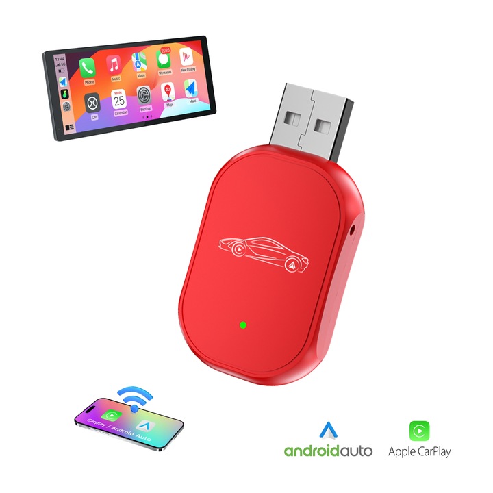 Адаптер за кола безжичен 2в1 BIZAIMO®, Carplay & Android Auto, Bluetooth 5.3, двуядрен, WIFI 2.4 Ghz & 5 Ghz, Plug & Play, автоматично прекъсване, ABS, универсален, червен