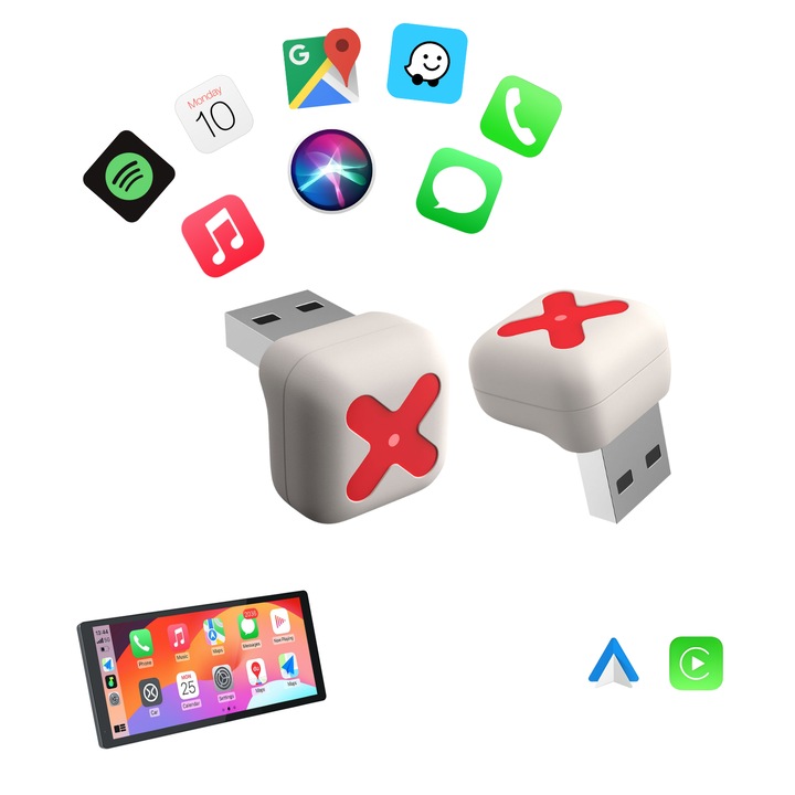 Адаптер за кола, безжичен, 2в1, BIZAIMO, Carplay & Android Auto, Bluetooth 5.3, двуядрен, WIFI 2.4 Ghz & 5 Ghz, Plug & Play, автоматично прекъсване, универсален, ABS, X, бял/червен