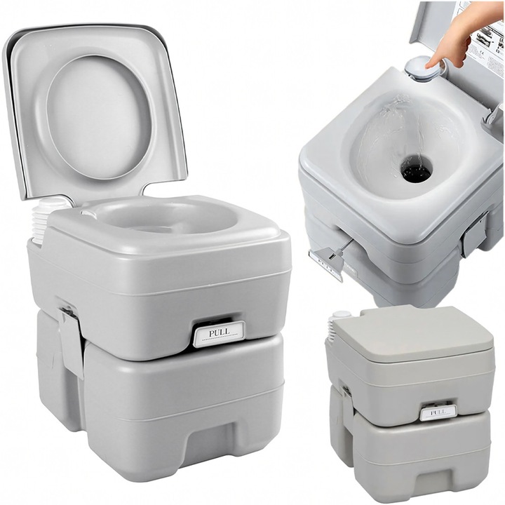 Toaleta Portabila pentru Camping, cu Sistem Spalare, Capacitate Rezervor 20l Deseuri, 10l Apa, pana la 200kg, Gri