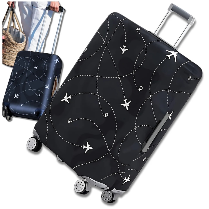 Husa de protectie elastica universala premium pentru valiza, troller, bagaj calatorie, model cu avioane, rezistenta la zgarieturi, praf, apa, securitate sporita, ideala pentru avion si vacanta, disponibila S M L XL, design modern, montaj