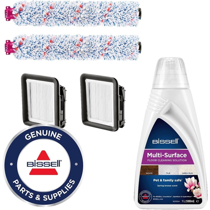 BISSELL CrossWave tartozékkészlet, amely 2 több felületre alkalmas kefét, 2 szűrőt és 1 liter eredeti több felületre alkalmas tisztítószert tartalmaz a CrossWave, SpinWave és HydroWave készülékekhez, 3823