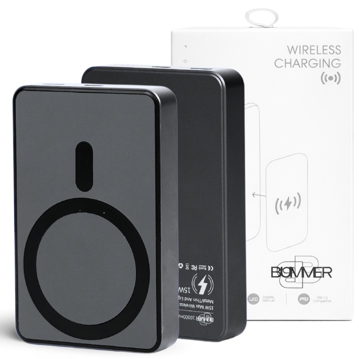 Baterie Externa Wireless BUMMER™, Baterie Externa Portabila, 10.000mAh, 1 Inel Suport Wireless, Incarcare Rapida, Incarcare Magnetica 15W, Cablu 20W, Acumulator Portabil, Universal, Slim, Power Bank Fast Charge, Type-C, Argintiu, Aluminiu/ABS