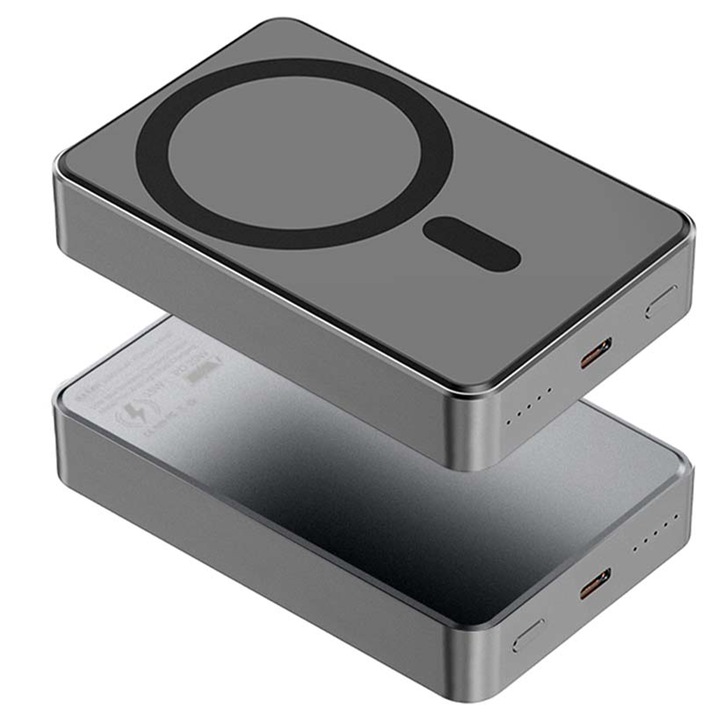 Baterie externa Premium slim Magsafe portabila BUMMER™, Q-Mag Power 10000 mah, 1 x USB Type-C, 1 x Inel suport wireless charge, Fast Charge 20W, Incarcare magnetica 15W, prin cablu type-C 20W, Universal, Argintiu