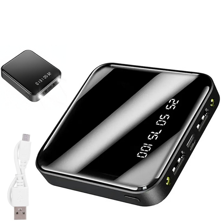 Baterie externa, Zola, 4800 mAh, 5V, lanterna LED, microUSB, USB-C, 2 x USB A, LCD, 8 x 8 x 2.3 cm, neagra