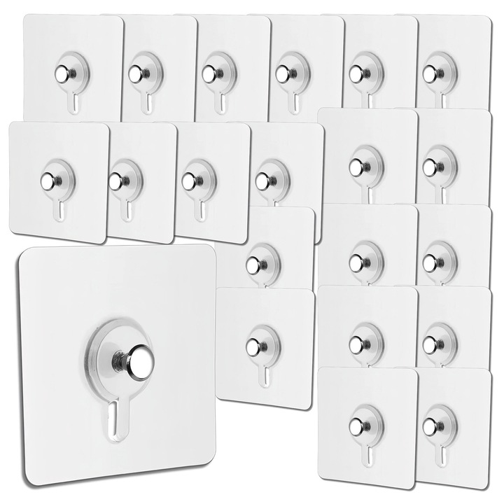 Set 20 Carlige Adezive Transparent, Reutilizabile, Rezistente la Apa si Ulei, Suport Sarcini Grele, pentru Bucatarie, Baie, Birou