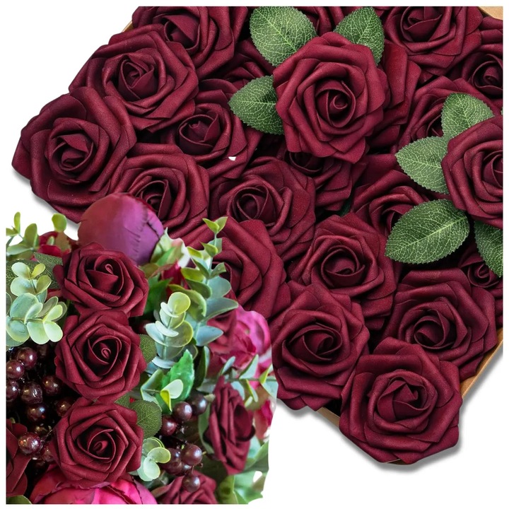 Set 25 Trandafiri Artificiali Bordo, Flori Decorative Realiste, Aranjamente Florale pentru Casa, Nunta, Evenimente Speciale, 45-50cm