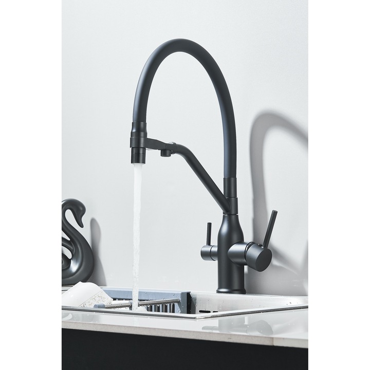 Set Baterie bucatarie Ari Magneto, 3 cai, pipa flexibila, UF 5 etape, Negru Mat