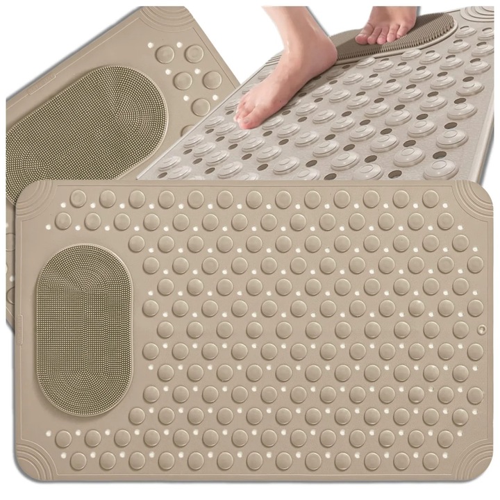 Mata Antiderapanta Bej 69x36 cm cu Efect de Masaj, Ventuze Aderente, pentru Cada si Dus