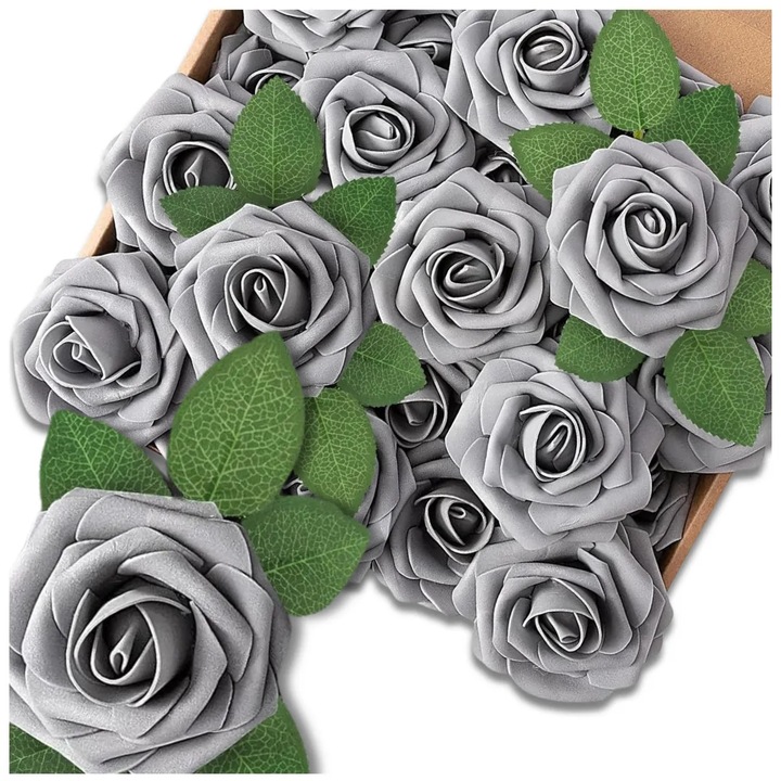 Set 25 Trandafiri Artificiali Argintii, Decorative, Realiste, 32cm