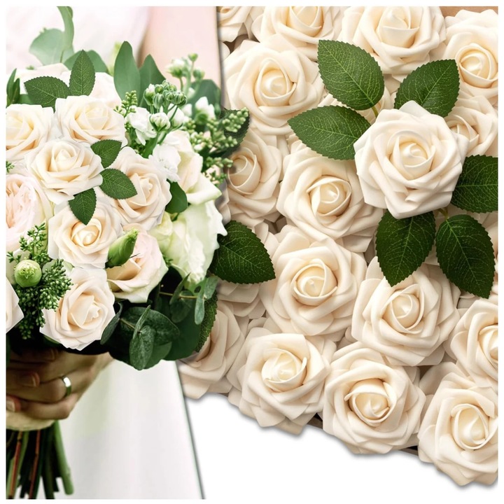 Set 25 Trandafiri Artificiali Ecru, Decorativ, Realistici, Fara Intretinere, pentru Evenimente, Birou, Acasa