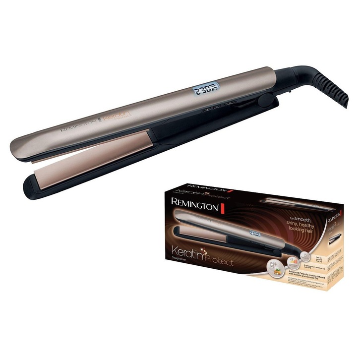 Placa de indreptat parul Remington Keratin Protect, 9 setari temperatura, culoare roz aurie, dimensiuni 15,6x37x8,5cm