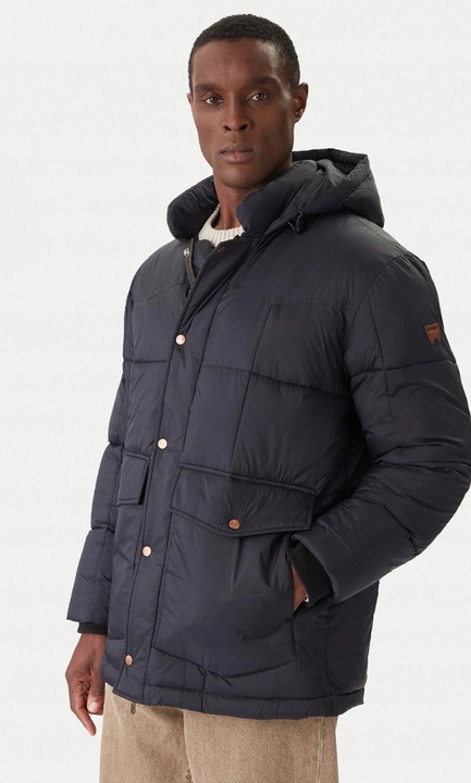 Geaca barbati, Wrangler, parka, neagra, din bumbac, cu gluga, fermoar