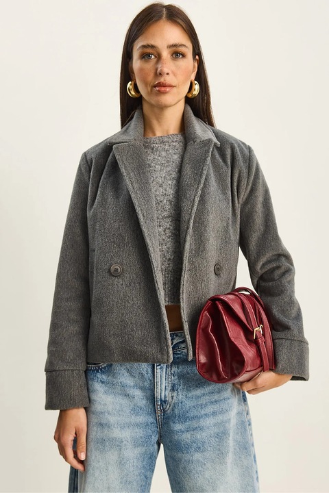 Palton dama, Bianco Lucci, plusat, gri carbune, textil