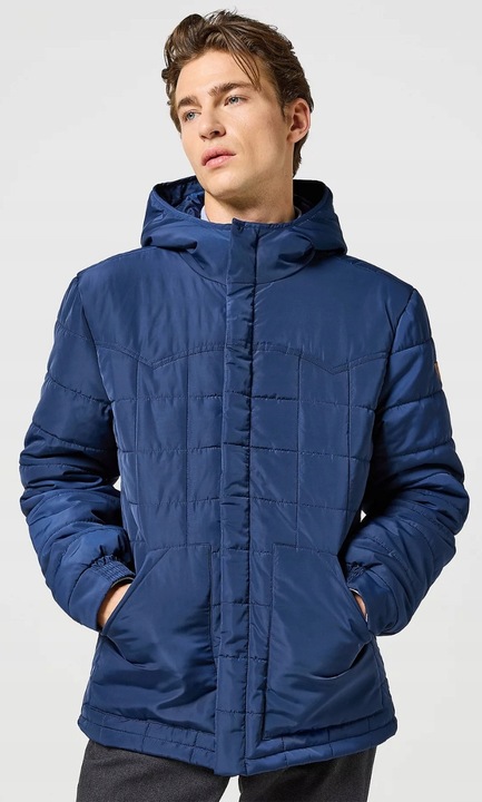 Geaca barbati, Wrangler, jacheta matlasata cu gluga, fermoar, albastra, bumbac