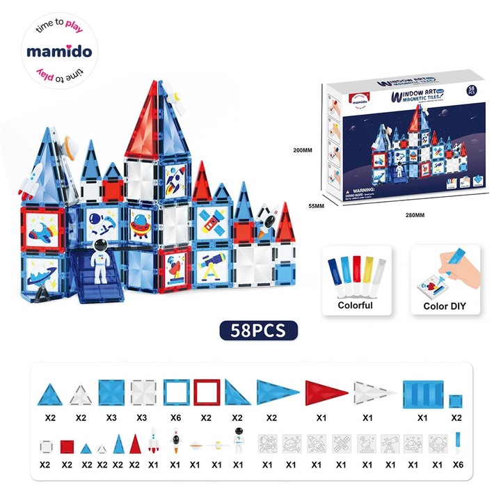 Mamido Комплект магнитен конструктор Вселена Изкуство за прозорец Направи си сам Космическа ракета 58 части MT1477