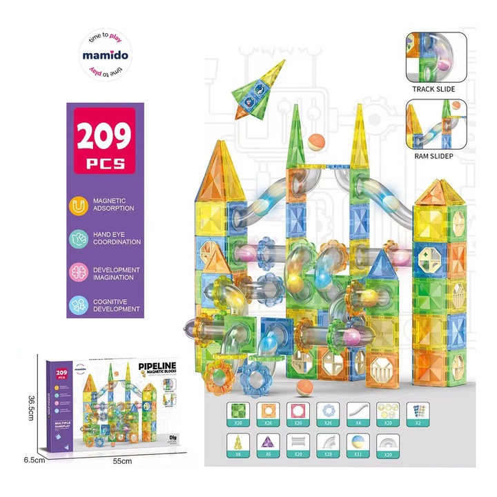 Mamido Цветен магнитен строителен комплект 209 части писта с топчета MT1514