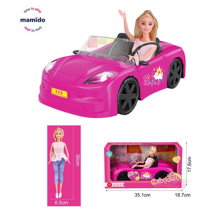 Papusa cu masinuta decapotabila sport, Mamido, 30cm, roz