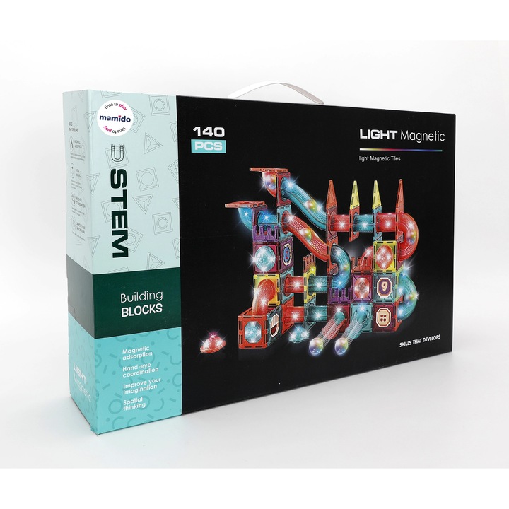 Set de constructie magnetic Mamido, 140 piese, colorat, efecte luminoase, cu pista de bile