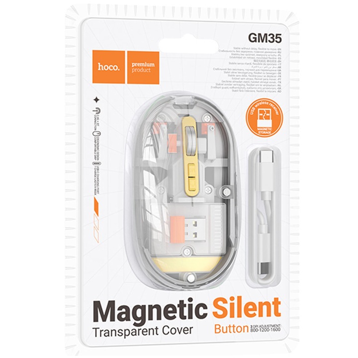 Мишка Dual HOCO (GM35), BT 5.0/ Wireless 2.4G, 1.600 DPI, 5 бутона, Прозрачна/СИВ