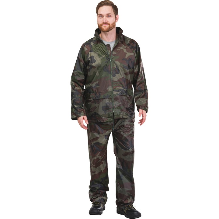 Set de ploaie UN, camuflaj, impermeabil, pantaloni si jacheta, 65% poliester, 35% PVC, 3XL