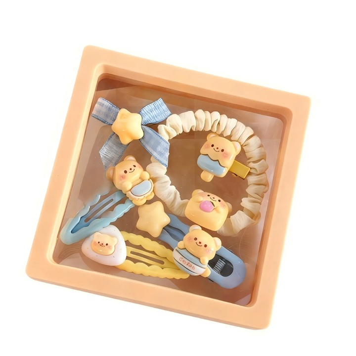 Gyermek hajkiegészítő készlet, 1 gumiszalag, 5 színes hajcsat, fehér, 11x11cm