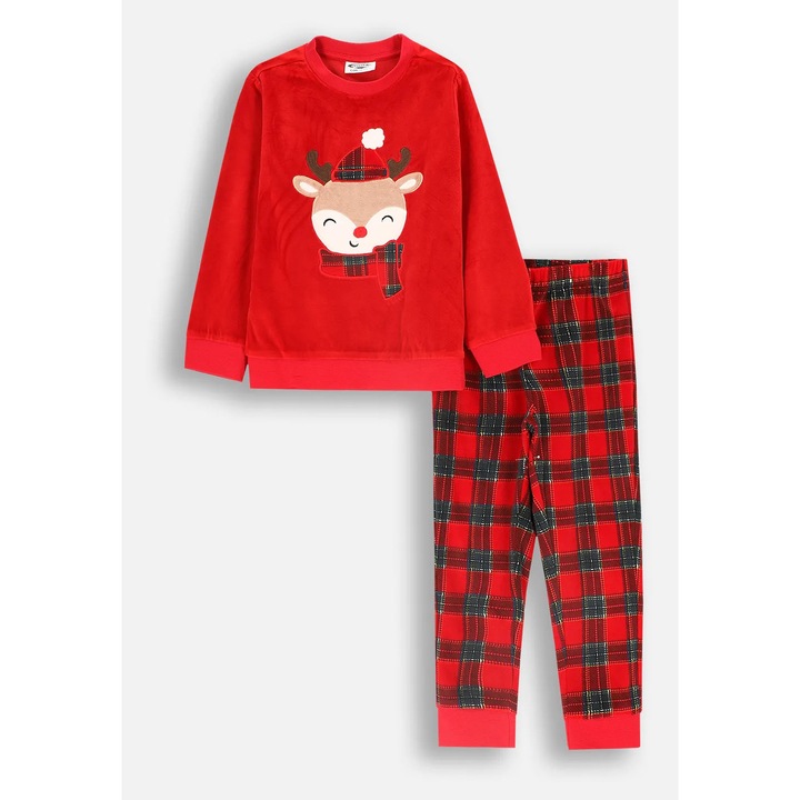 Gyerek pizsama, Coccodrillo, rénszarvas mintás, piros, velúr, 2 részes szett