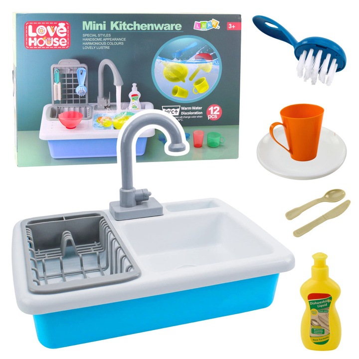 Zlewozmywak electric cu circuit de apa, LEAN Toys, set 12 elemente, schimbare de culoare, 41,5x27,5x12cm