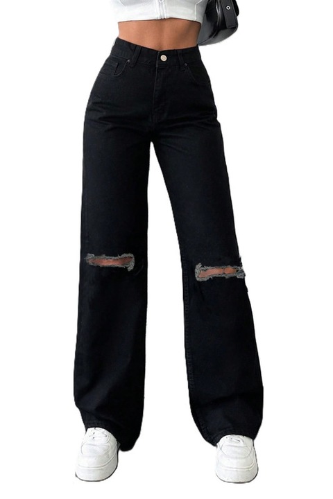 Blugi Dama, Cu Talie Inalta, Croiala Dreapta, Cu Rupturi, Negru