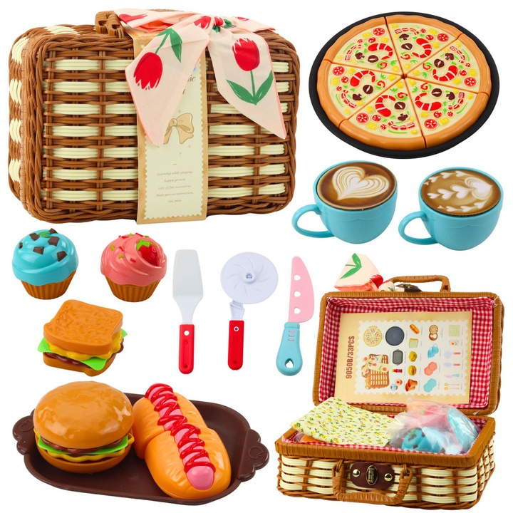 Set de joaca pentru picnic, LEAN Toys, 33 elemente, cos din rachita, mancare si accesorii de jucarie, multicolor, 27x18x12cm