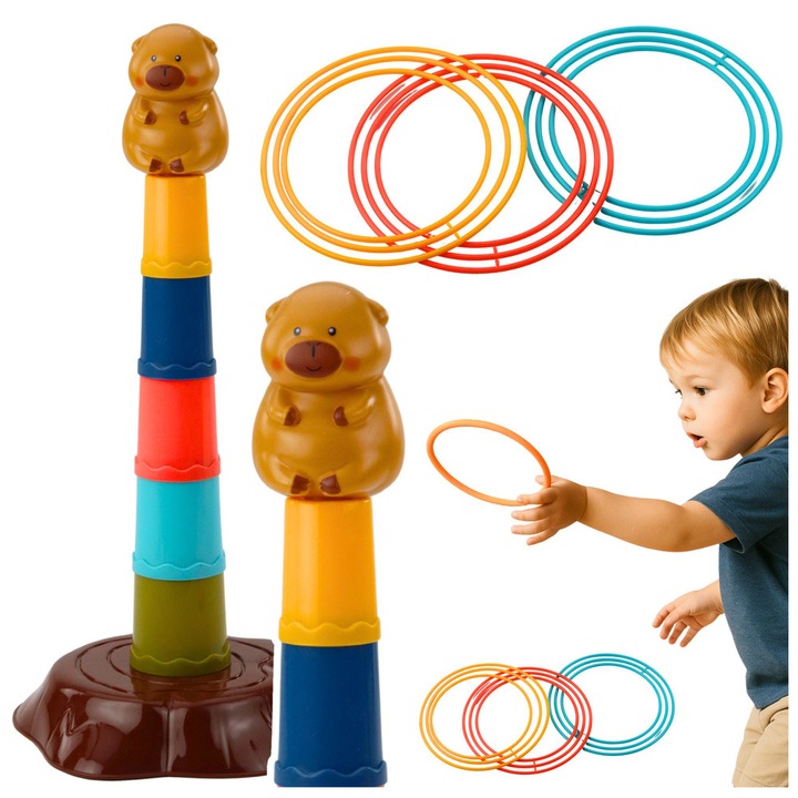Ügyességi játék gyűrűkkel, LEAN Toys, 5 szint, kapibara motívum, 32x15,5cm