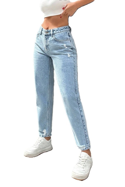 Blugi Dama, 100% Bumbac, Mom-Fit, Cu Rupturi Discrete, Albastru deschis