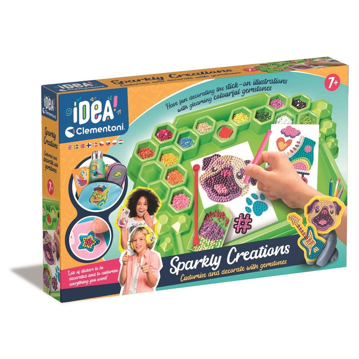 Set creativ Idea Sparkly Creations, Clementoni, 3D stickere, 12 pungi cu pietre, culori variate, 7 ani+