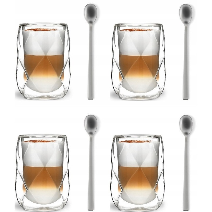 Vialli Geo 350ml 4 db termikus pohár 4 db hosszú rozsdamentes acél kanállal 21cm, boroszilikát üveg, modern design