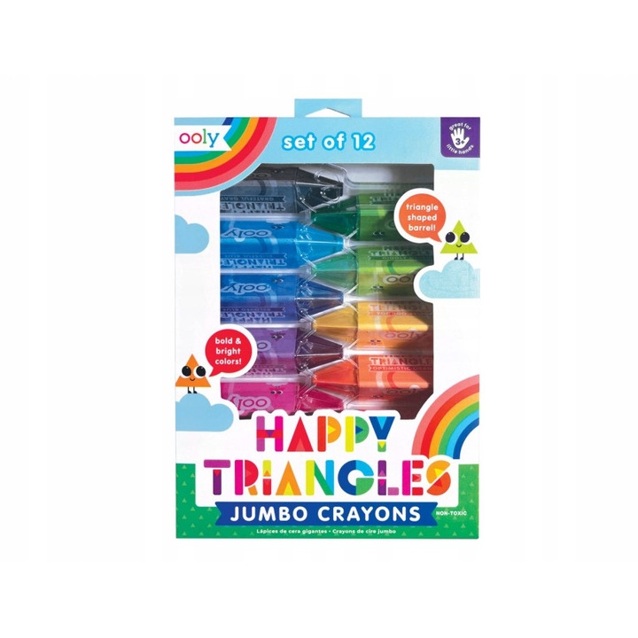 Комплект 12 цветни молива Jumbo Happy Triangles, ергономични, издръжливи, многоцветни