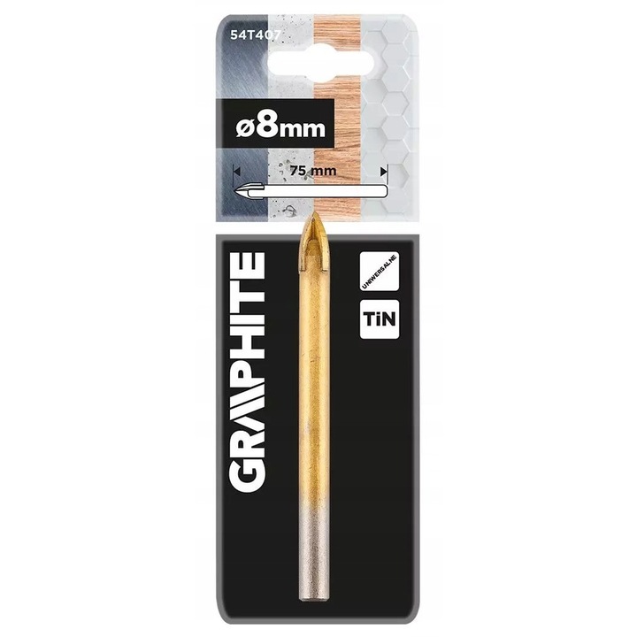 Burghiu universal Graphite 8mm TiN, 75mm lungime, pentru lemn, metal, beton, ceramică