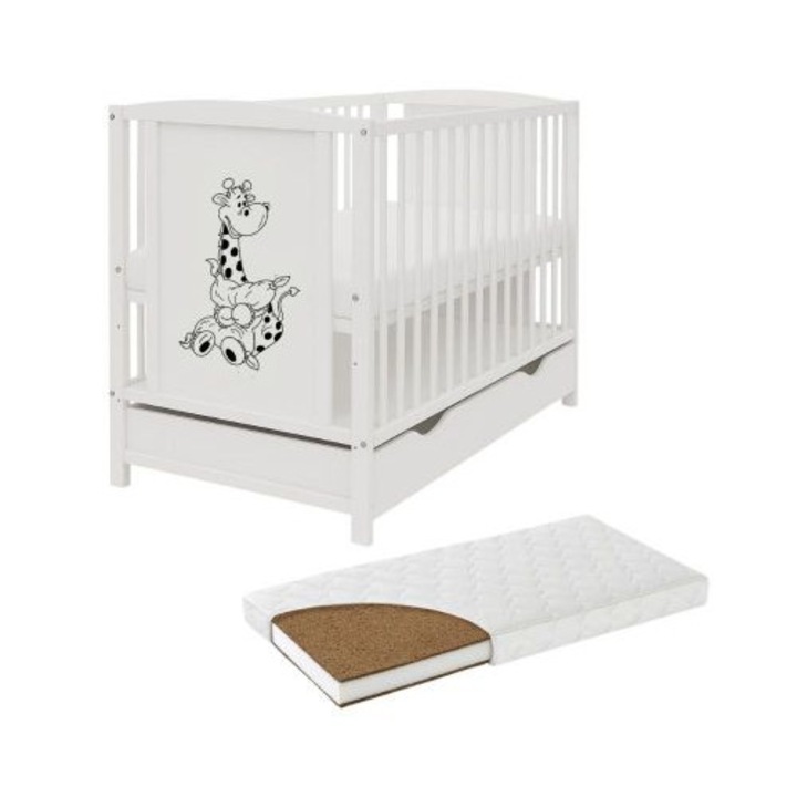 Кошара, Масивно дърво 120x60 см Bria бяла с чекмедже и кокосов матрак LUX 120x60x12 см, регулируема на 3 нива, сертифицирана по EN71