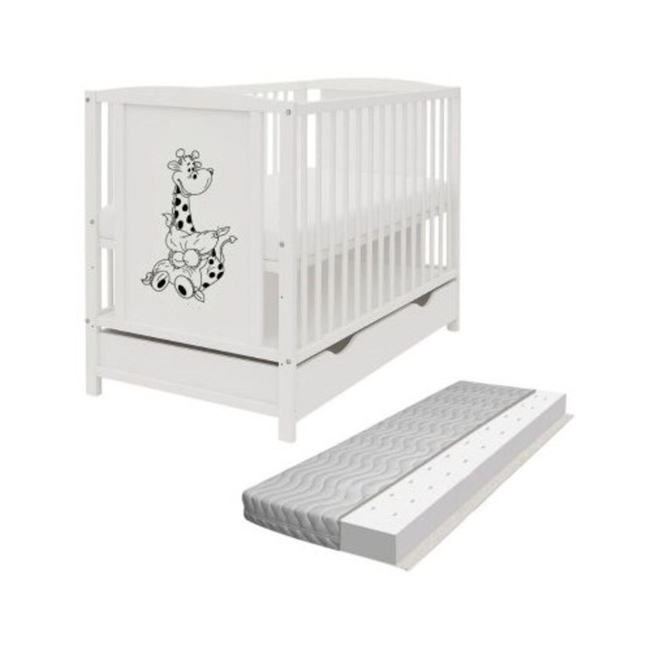 Легло дърво масив 120x60 см Bria бяло с чекмедже и антиалергичен матрак с вентилация Air 120x60x10 см, регулируемо на 3 нива, сертифицирано по EN71