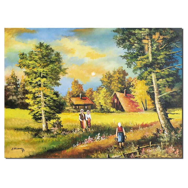 Tablou apus de soare pe meleaguri mioritice pictat manual, Amintiri din copilarie la bunici, 80x60cm ulei pe panza, Constantin Feraru