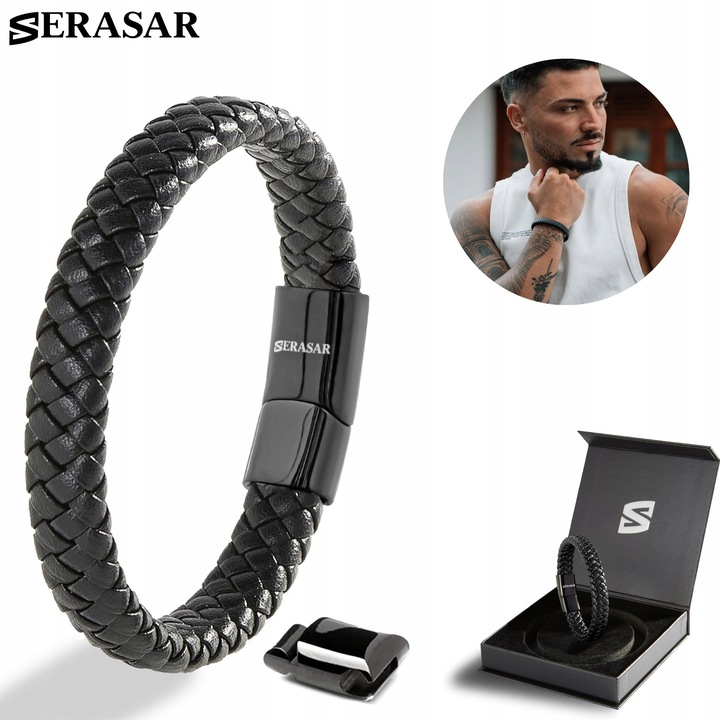 Bratara SERASAR Piele Neagra Barbati 20cm - Colectia Steady