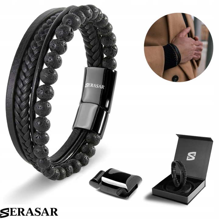 Bratara Piele Neagra SERASAR, Lungime 20cm, Piatra Naturala, Cadou