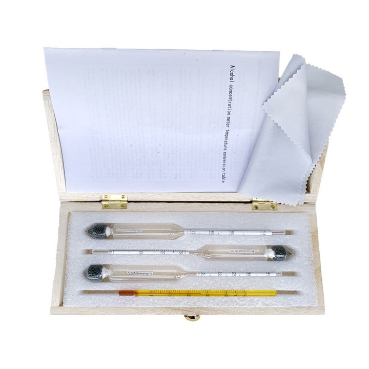 Trusa 3 alcoolmetre si termometru din sticla, DONFANLIA®, In cutie de protectie, Toleranta 0-100 grade, Masurare precisa, Usor de utilizat, Pentru productie bauturi spirtoase, vinului, Transparenta