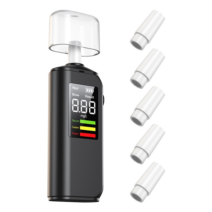 Alcool Tester PYGHDIRECT® PAT02, Digital, Acuratete +/- 0.01% BAC, Set cu 6 mustiucuri, Display Digital LCD, Baterie 300mAh, Negru