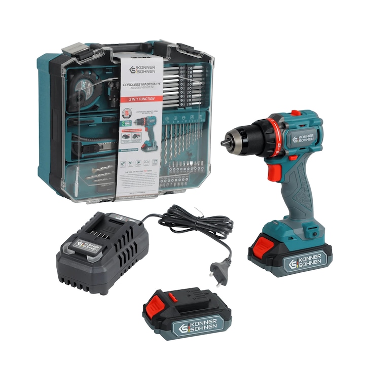Könner & Söhnen KS ID20V-60 KIT 74 Set scule cu acumulator, masina de gaurit 60 Nm pentru lemn si metal cu baterie, incarcator si set de 74 de accesorii intr-o valiza comoda