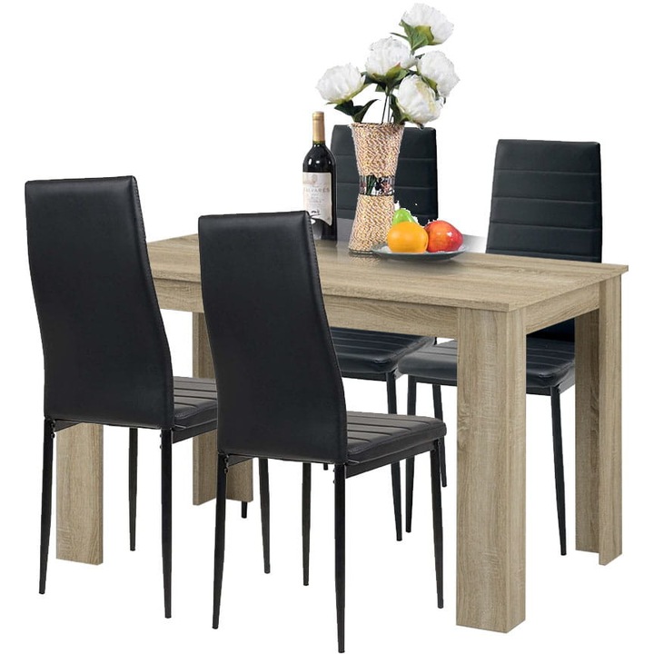 Комплект маса GoodHome с 4 стола, модерен дизайн, черна еко кожа, 120x60см